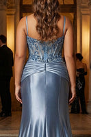 Laden Sie das Bild in den Galerie-Viewer, Graublaues Meerjungfrauen Spaghetti-Träger Korsett Langes Übergröße Ballkleid mit Applikationen