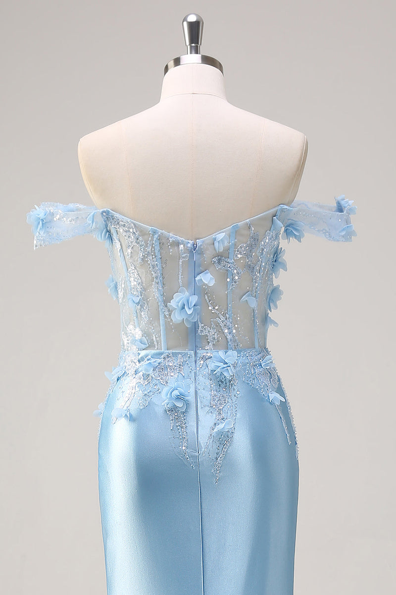 Laden Sie das Bild in den Galerie-Viewer, Himmelblaues Meerjungfrauen Schulterfreies Abendkleid mit Blumenmuster und 3D-Blumen