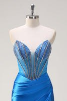Laden Sie das Bild in den Galerie-Viewer, Blaue Meerjungfrau trägerloses perlenbesetztes Korsett Ballkleid mit Schlitz