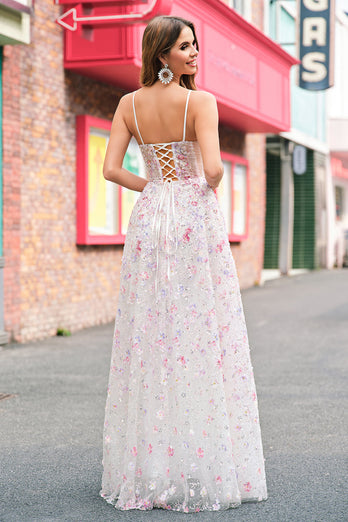 Stilvolles Rosa A-Linie Spaghettiträger Blumen perlenbesetztes Ballkleid mit Spitze