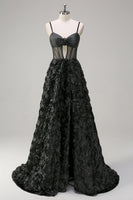 Laden Sie das Bild in den Galerie-Viewer, Elegantes A-Linie Schwarzes Blumenmuster 3D-Ballkleid mit transparentem Korsett