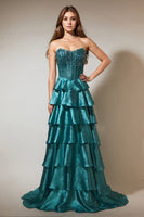 Laden Sie das Bild in den Galerie-Viewer, Abgestufte Rüschen Pfauengrünes trägerloses langes Ballkleid mit Perlen