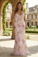 Laden Sie das Bild in den Galerie-Viewer, Rosa Meerjungfrauen Pailletten Blumen Plus Size Langes Ballkleid mit Schnürung hinten
