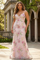 Laden Sie das Bild in den Galerie-Viewer, Rosa Meerjungfrauen Pailletten Blumen Plus Size Langes Ballkleid mit Schnürung hinten