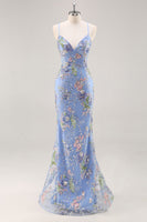 Laden Sie das Bild in den Galerie-Viewer, Meerjungfrau Spaghettiträger Pailletten Schwarzes Ballkleid mit Applikationen