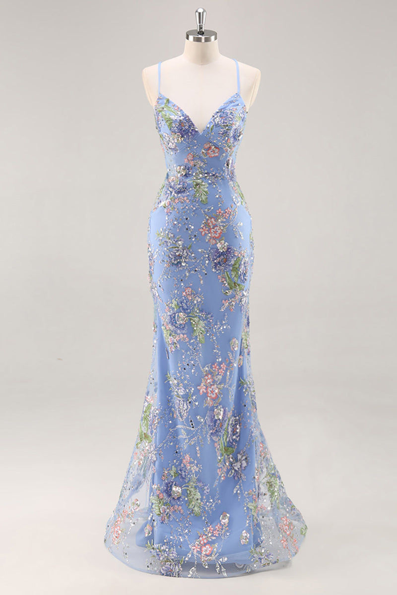 Laden Sie das Bild in den Galerie-Viewer, Meerjungfrau Spaghettiträger Pailletten Schwarzes Ballkleid mit Applikationen