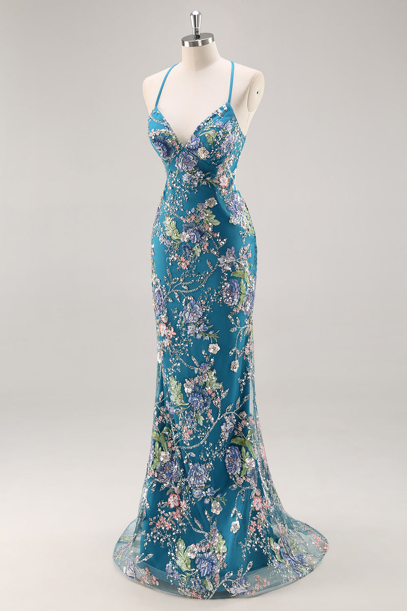 Laden Sie das Bild in den Galerie-Viewer, Rosa Meerjungfrauen Pailletten Blumen Plus Size Langes Ballkleid mit Schnürung hinten