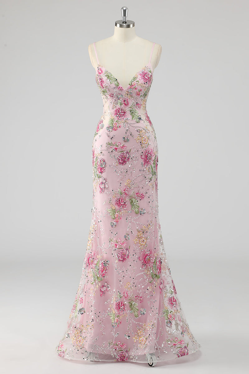 Laden Sie das Bild in den Galerie-Viewer, Rosa Meerjungfrauen Pailletten Blumen Plus Size Langes Ballkleid mit Schnürung hinten
