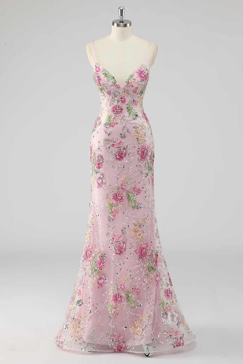 Laden Sie das Bild in den Galerie-Viewer, Meerjungfrau Spaghettiträger Pailletten Schwarzes Ballkleid mit Applikationen