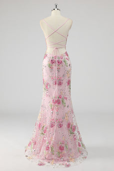 Rosa Meerjungfrau Spaghettiträger Pailletten Ballkleid mit Applikationen