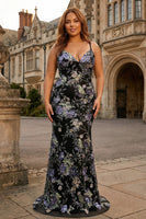 Laden Sie das Bild in den Galerie-Viewer, Meerjungfrau Spaghettiträger Pailletten Schwarzes Ballkleid mit Applikationen