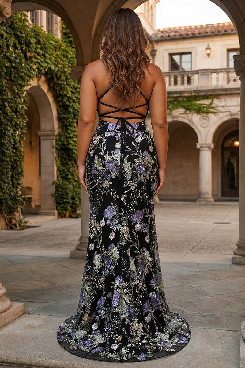 Laden Sie das Bild in den Galerie-Viewer, Meerjungfrau Spaghettiträger Pailletten Schwarzes Ballkleid mit Applikationen