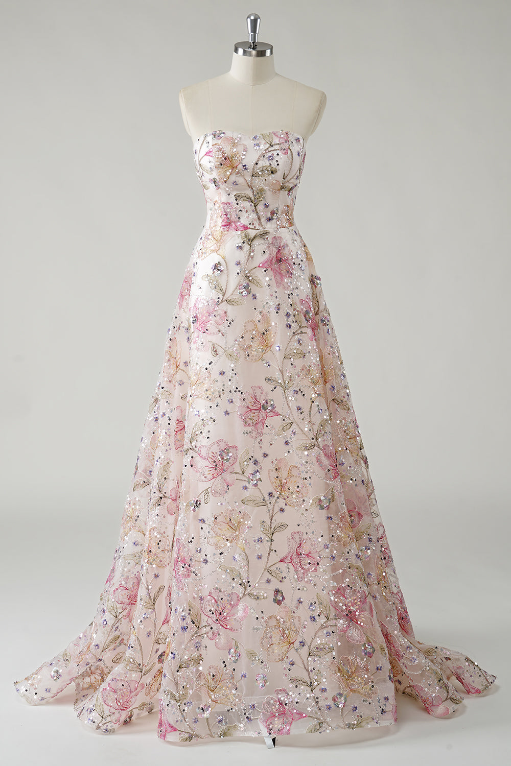 Glitzerndes Rosa Trägerloses Pailletten Abendkleid mit Blumenmuster