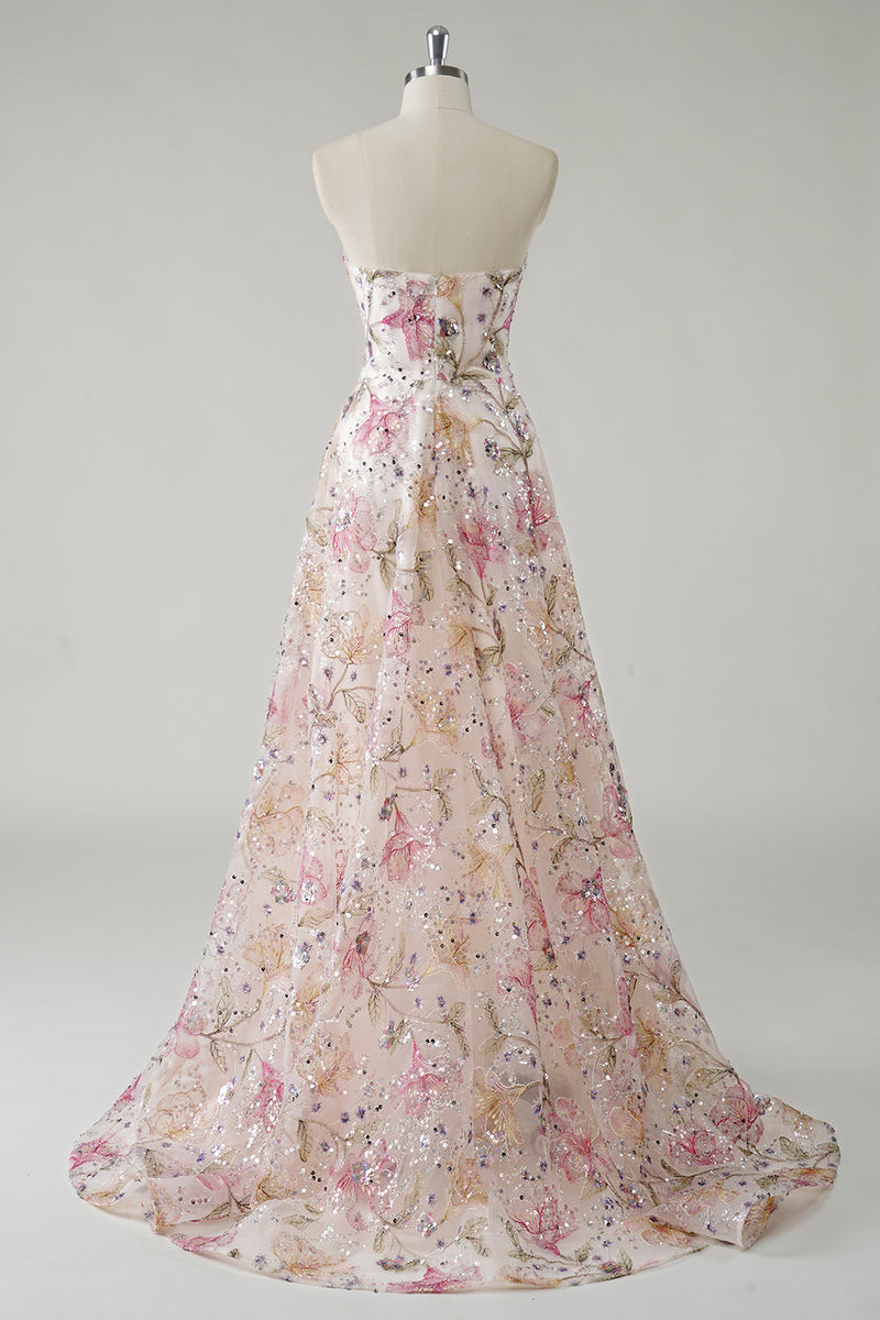 Laden Sie das Bild in den Galerie-Viewer, Glitzerndes rosa trägerloses Pailletten Abendkleid mit Blumenmuster