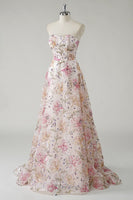 Laden Sie das Bild in den Galerie-Viewer, Glitzerndes rosa trägerloses Pailletten Abendkleid mit Blumenmuster