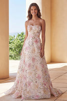 Laden Sie das Bild in den Galerie-Viewer, Glitzerndes rosa trägerloses Pailletten Abendkleid mit Blumenmuster