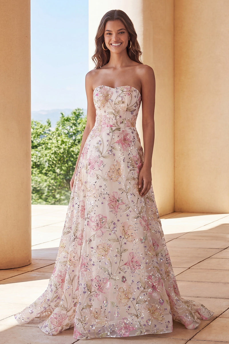 Laden Sie das Bild in den Galerie-Viewer, Glitzerndes rosa trägerloses Pailletten Abendkleid mit Blumenmuster