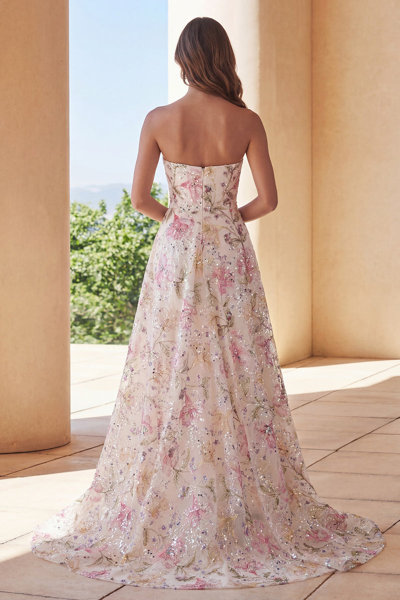 Laden Sie das Bild in den Galerie-Viewer, Glitzerndes rosa trägerloses Pailletten Abendkleid mit Blumenmuster