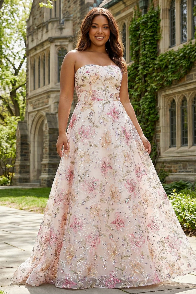 Laden Sie das Bild in den Galerie-Viewer, Glitzerndes rosa trägerloses Pailletten Abendkleid mit Blumenmuster