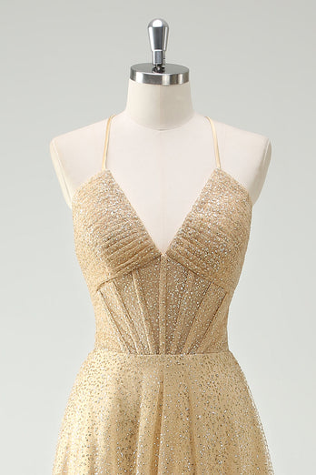 A Linie Gold Pailletten Spaghettiträger Ballkleid mit Schlitz