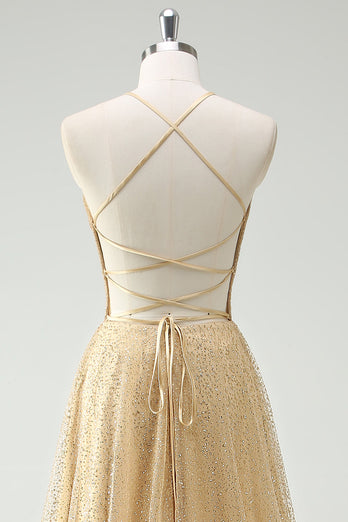 A Linie Gold Pailletten Spaghettiträger Ballkleid mit Schlitz