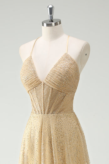 A Linie Gold Pailletten Spaghettiträger Ballkleid mit Schlitz