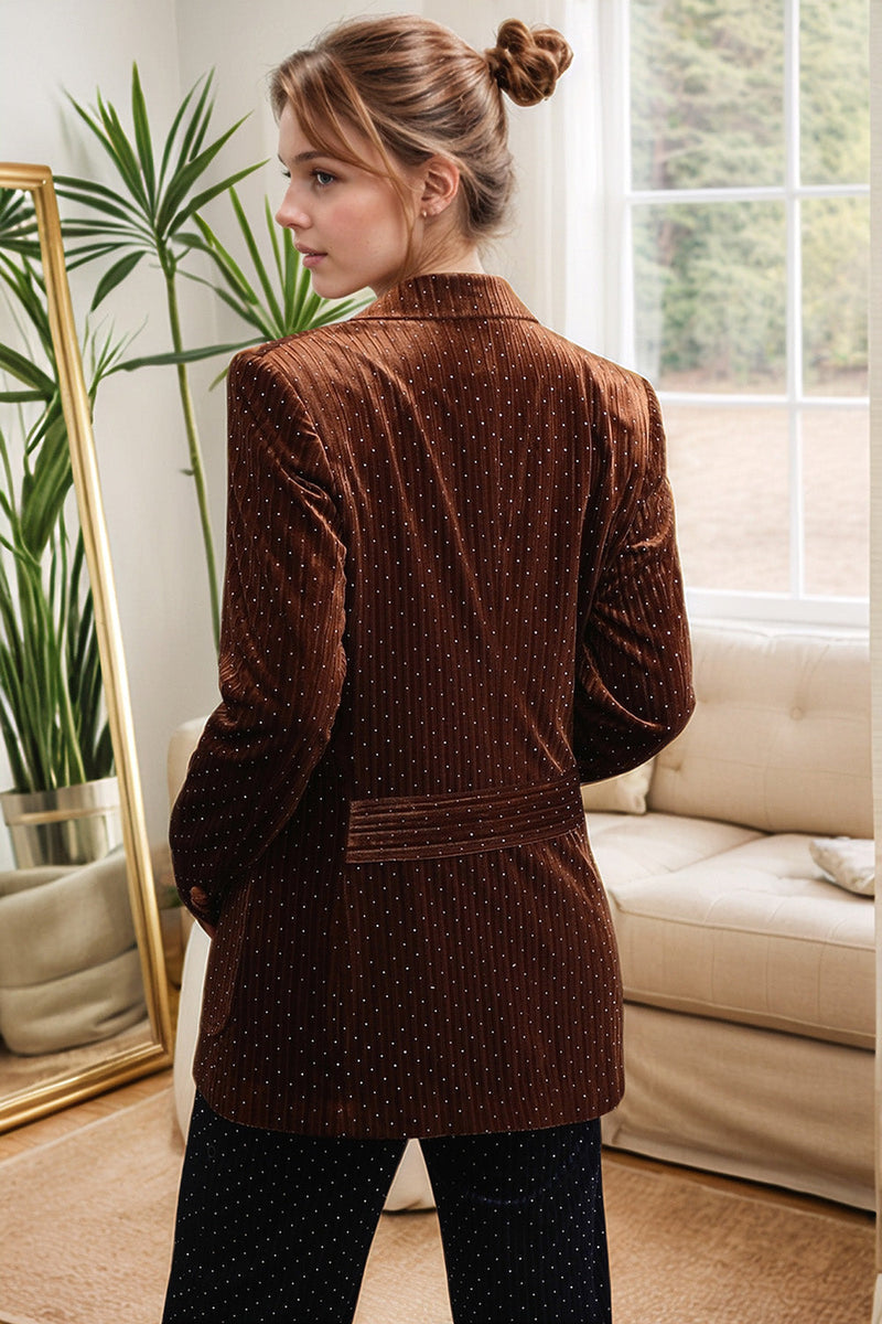 Laden Sie das Bild in den Galerie-Viewer, Coffee Dots Zweireihiger Blazer aus Samt mit spitzem Revers