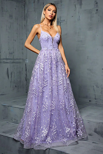 Hellviolettes Tüll Ballkleid mit Spaghettiträgern