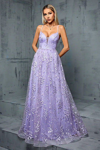 Hellviolettes Tüll Ballkleid mit Spaghettiträgern