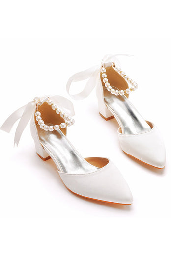 Elfenbein Brautschuhe Perle Schnürung Hochzeit Absätze Elegante spitze Spitze Hochzeit Party Schuhe