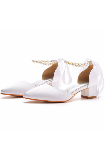 Elfenbein Brautschuhe Perle Schnürung Hochzeit Absätze Elegante spitze Spitze Hochzeit Party Schuhe