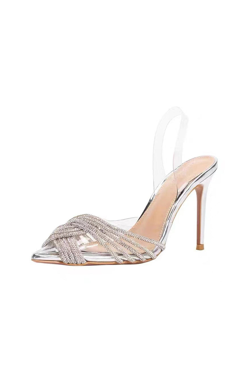 Laden Sie das Bild in den Galerie-Viewer, Silberne Strass Transparent Strap Stiletto Hoher Absatz Sandalen