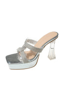Laden Sie das Bild in den Galerie-Viewer, Silberne Sandalen mit dicker Sohle und quadratischer Zehenpartie mit Strass und hohen Absätzen