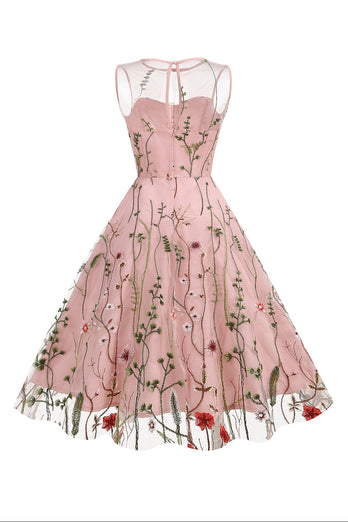 Blush A Linie Bateau Ausschnitt Ärmel 1950er Jahre Kleid