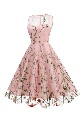 Blush A Linie Bateau Ausschnitt Ärmel 1950er Jahre Kleid