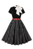 Laden Sie das Bild in den Galerie-Viewer, A Linie Schwarzes Polka Dots Kurzarm Kleid aus den 1950er Jahren mit Gürtel