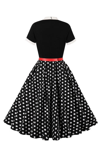 A Linie Schwarzes Polka Dots Kurzarm Kleid aus den 1950er Jahren mit Gürtel