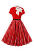 Laden Sie das Bild in den Galerie-Viewer, A Linie Schwarzes Polka Dots Kurzarm Kleid aus den 1950er Jahren mit Gürtel