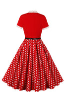 Laden Sie das Bild in den Galerie-Viewer, A Linie Schwarzes Polka Dots Kurzarm Kleid aus den 1950er Jahren mit Gürtel