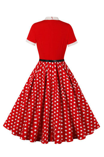 A Linie Schwarzes Polka Dots Kurzarm Kleid aus den 1950er Jahren mit Gürtel