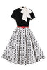 Laden Sie das Bild in den Galerie-Viewer, A Linie Schwarzes Polka Dots Kurzarm Kleid aus den 1950er Jahren mit Gürtel