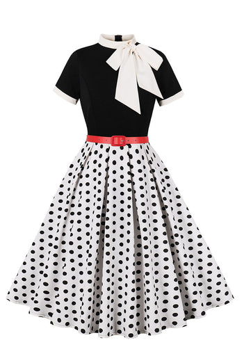 A Linie Schwarzes Polka Dots Kurzarm Kleid aus den 1950er Jahren mit Gürtel