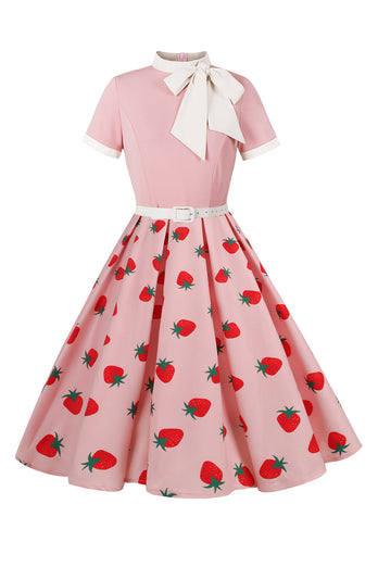 A Linie Blush Erdbeer-Print Kleid aus den 1950er Jahren mit kurzen Ärmeln