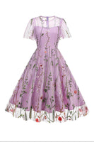 Laden Sie das Bild in den Galerie-Viewer, Aprikose A Linie bedrucktes Tüll Kleid aus den 1950er Jahren mit kurzen Ärmeln