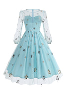 Laden Sie das Bild in den Galerie-Viewer, Geblümtes blaues A-Linie Kleid aus den 1950er Jahren mit langen Ärmeln