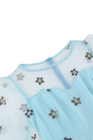 Laden Sie das Bild in den Galerie-Viewer, Geblümtes blaues A-Linie Kleid aus den 1950er Jahren mit langen Ärmeln