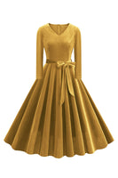 Laden Sie das Bild in den Galerie-Viewer, Gelbes V-Ausschnitt Kleid mit langen Ärmeln