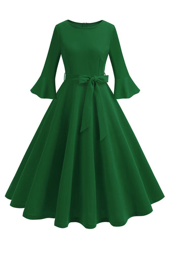 Dunkelgrünes langärmeliges Rundhalsausschnitt Vintage Kleid aus den 1950er Jahren Kleid