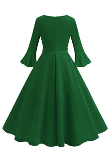 Dunkelgrünes langärmeliges Rundhalsausschnitt Vintage Kleid aus den 1950er Jahren Kleid