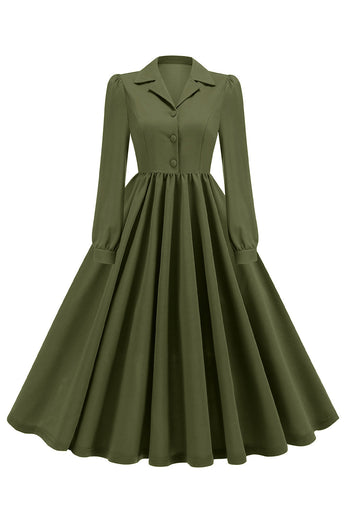 Armeegrünes plissiertes Kleid aus den 1950er Jahren mit gekerbtem Revers und langen Ärmeln